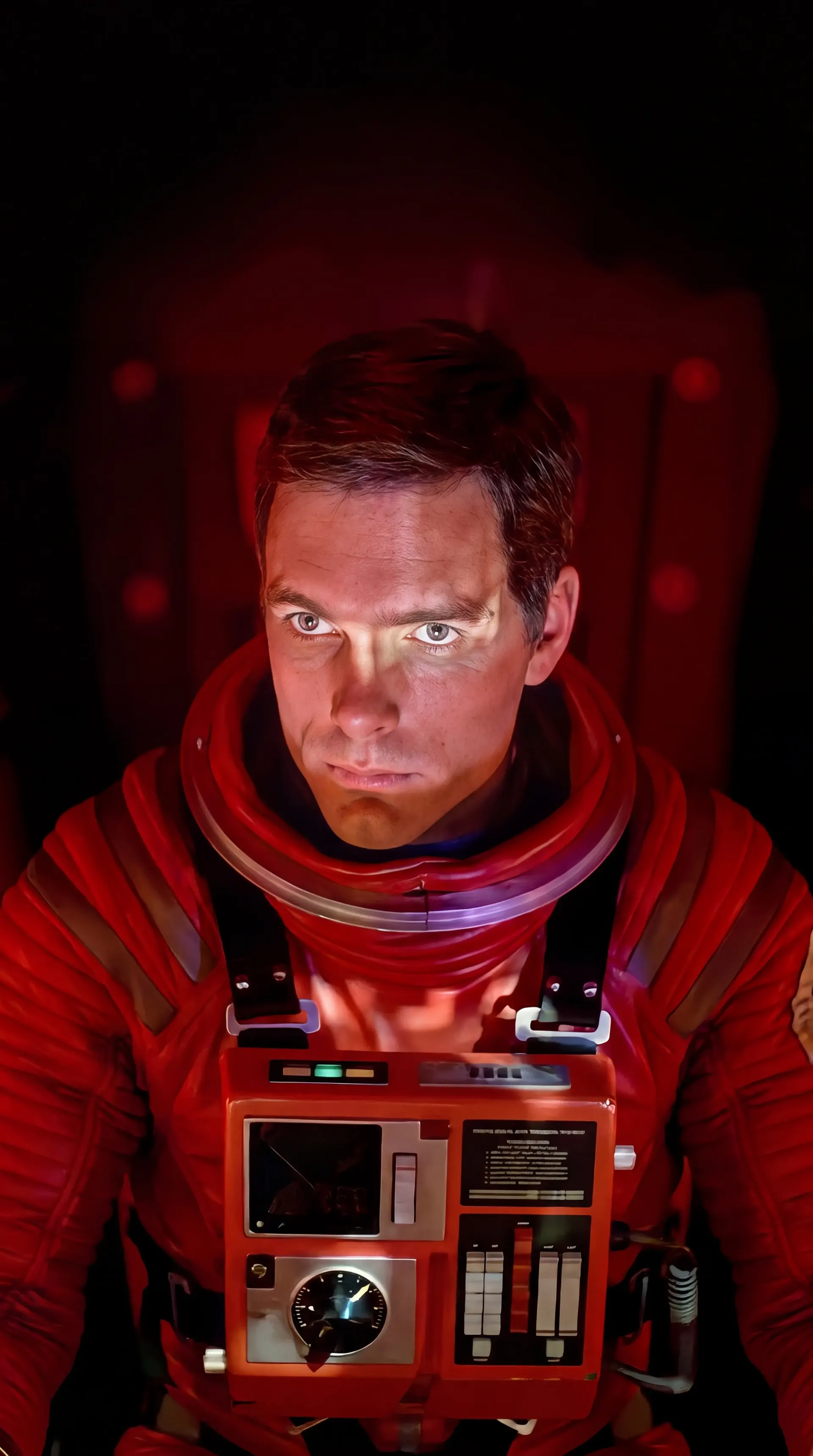 Dave Bowman in a red spacesuit, looking up at the camera.