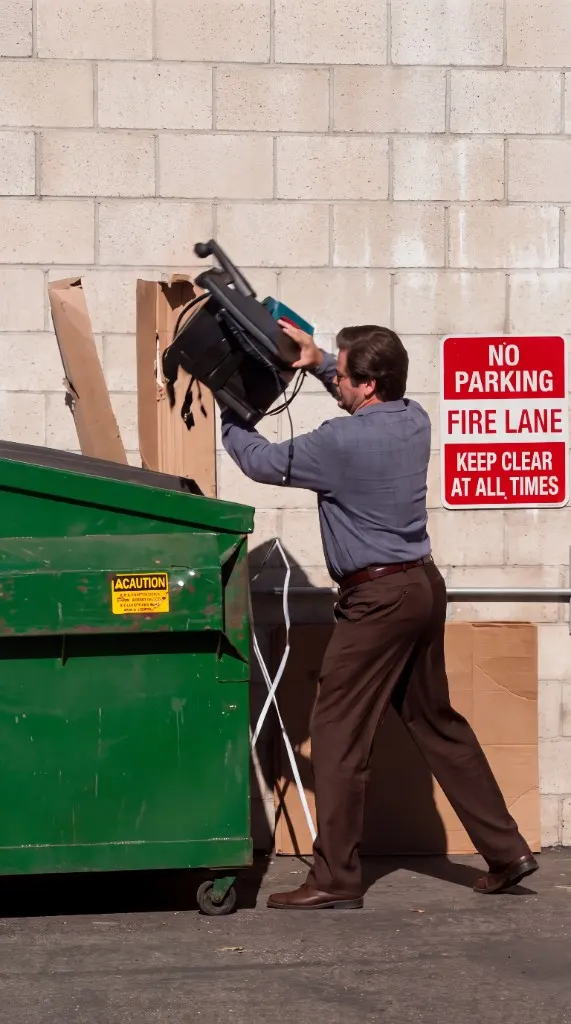 Ron Swanson throwing a computer into a dumpster.
