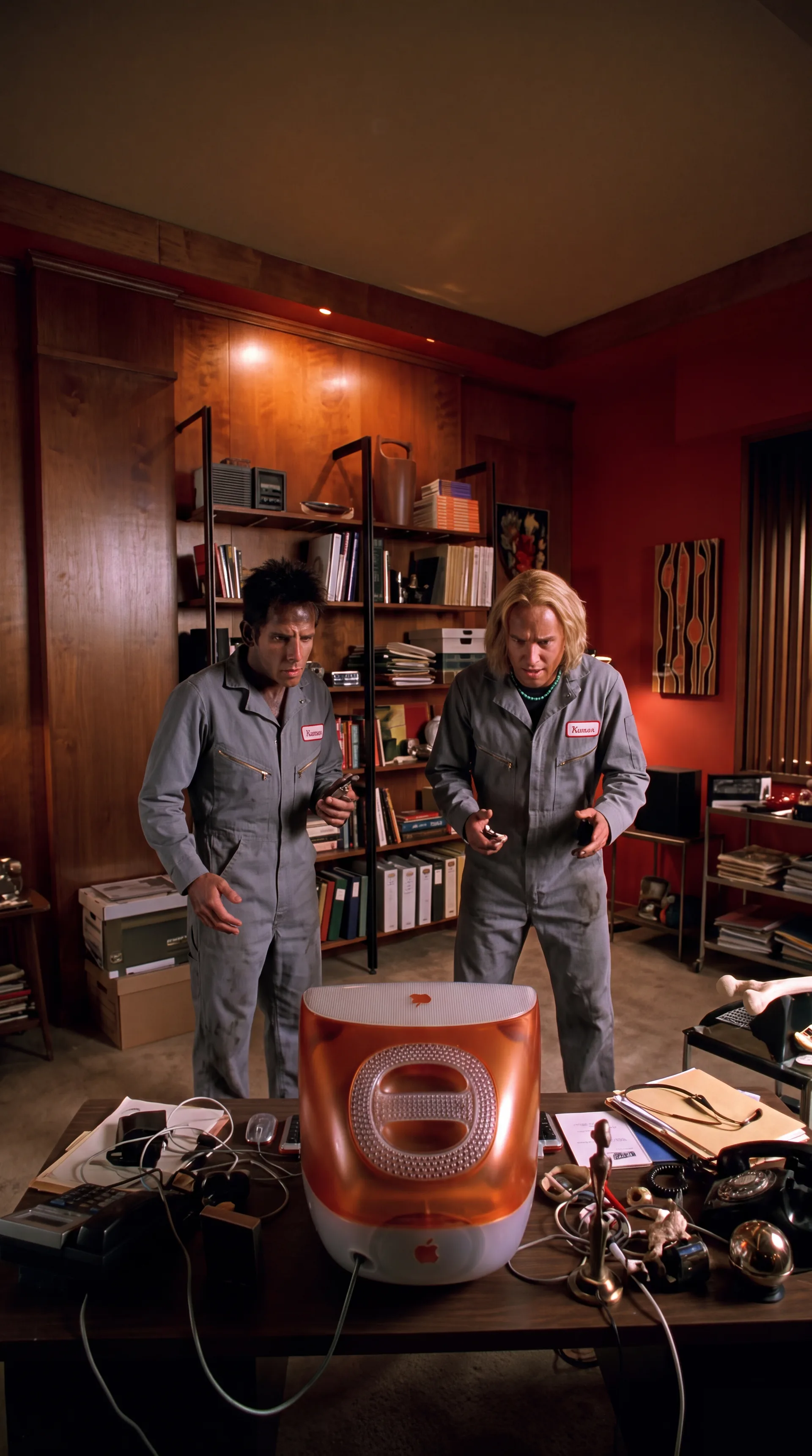 Derek and Hansel trying to get the files out of an orange iMac.